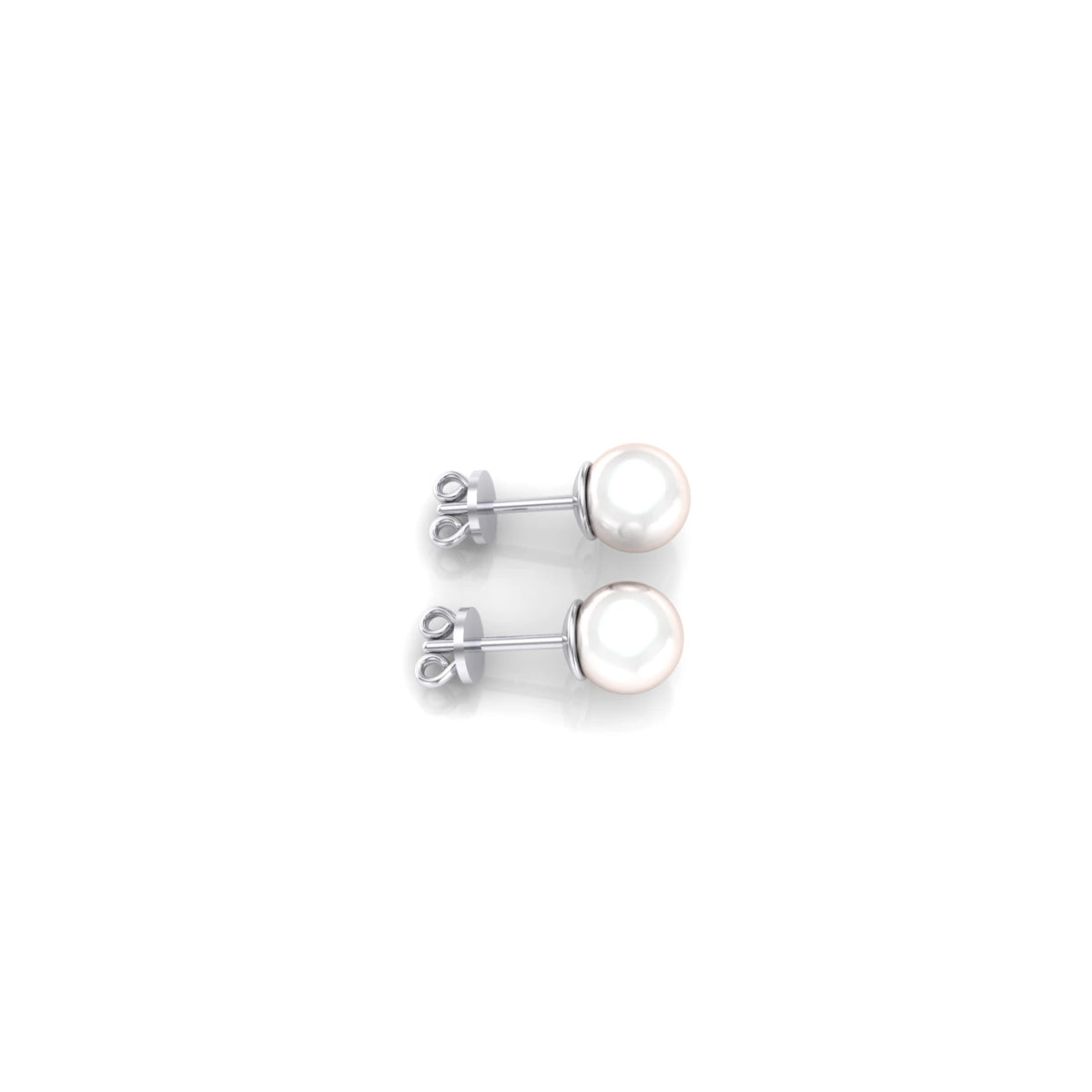 Classic pearl stud earring set in polished 14K white gold, finished with a secure butterfly pushback closure for comfortable everyday wear.