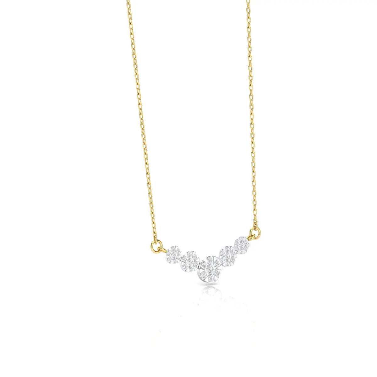 A delicate gold chain necklace featuring a curved, V-shaped pendant adorned with small clear gemstones in a silver-toned setting, displayed against a solid white background.