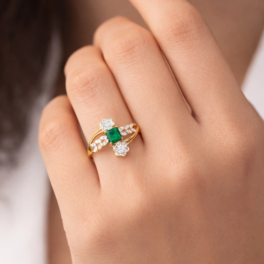 0.5 Carat Emerald & Diamond Floral Cluster Ring 14K Yellow Gold