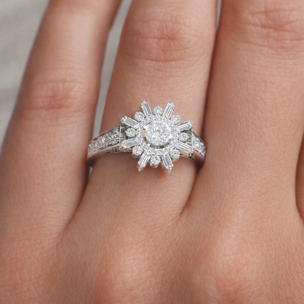 1 Carat Diamond Sunburst Cluster Ring 14K White Gold