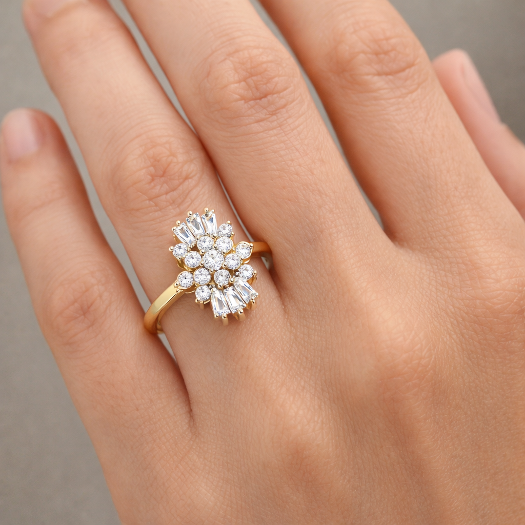 0.5 Carat Baguette & Round Diamond Cluster Ring 14K Yellow Gold