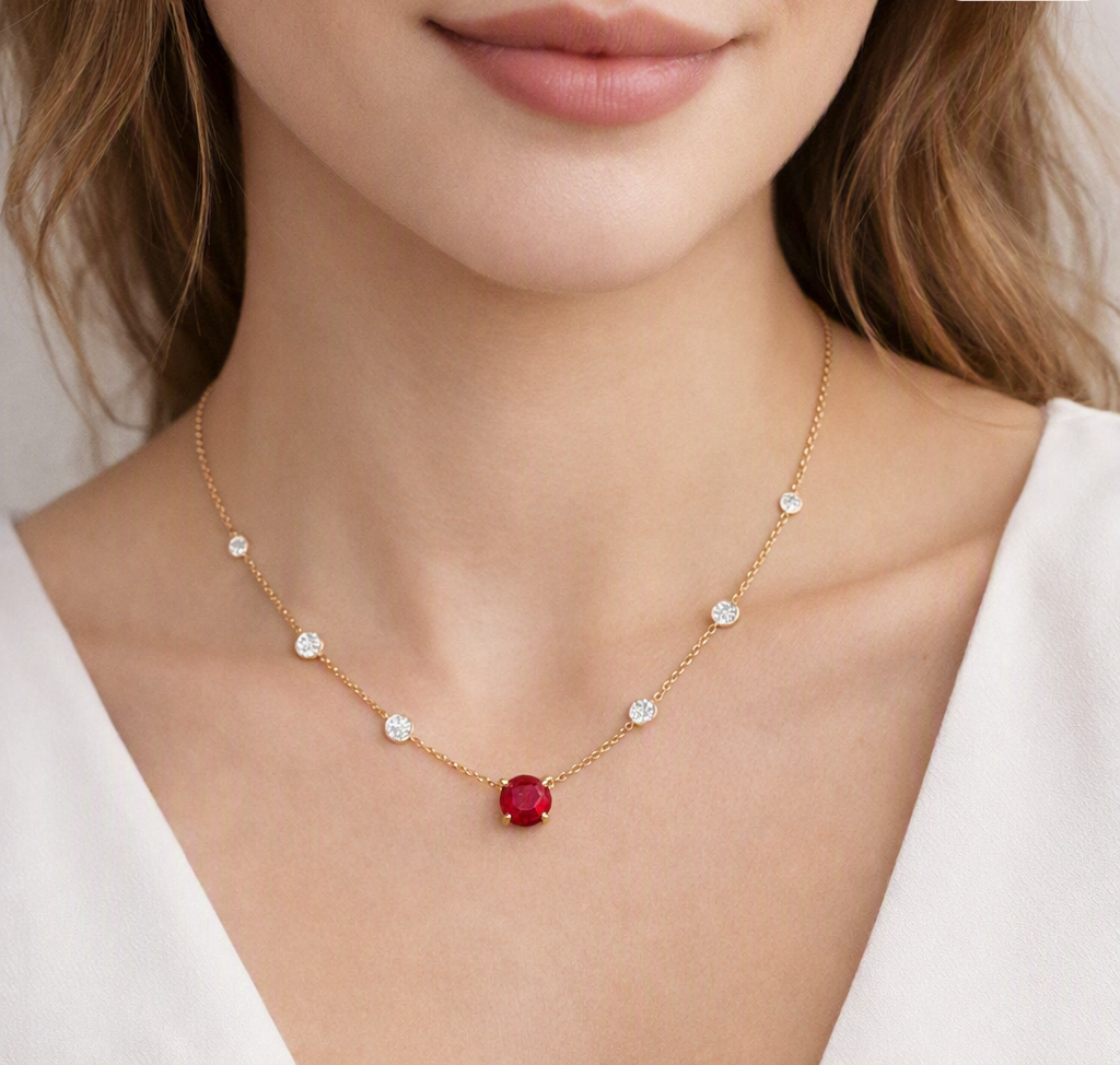A close-up of a model wearing a delicate gold chain necklace. The necklace features a prominent round Ruby pendant at the center, with smaller round Lab Diamonds spaced along the chain.