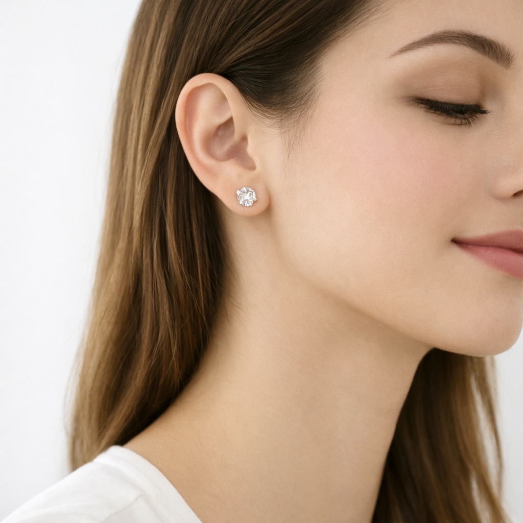 A close-up of a woman's ear wearing a small round clear stud earring against a clean white background.