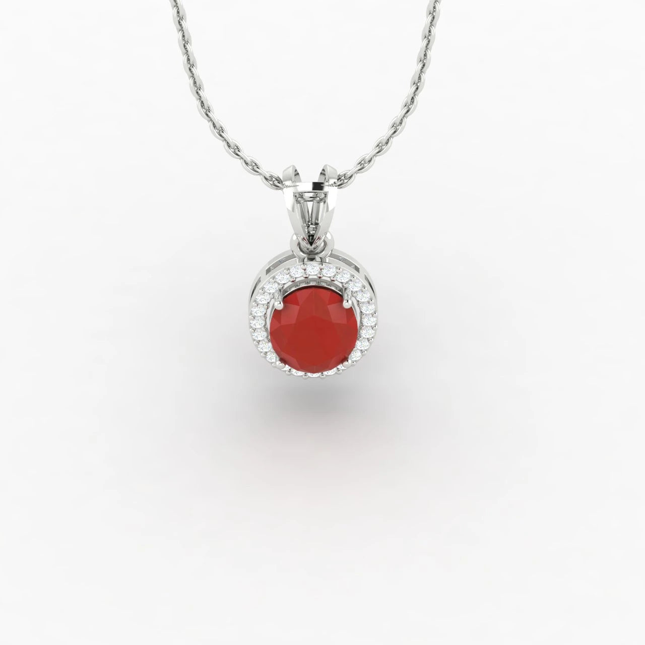 Oval Cut Ruby Halo 1 Carat Lab Diamond Necklace 14K White Gold