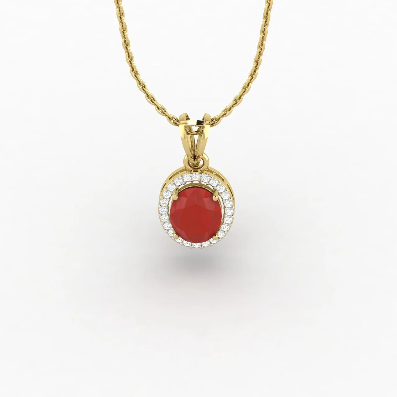 Oval Cut Ruby Halo 1 Carat Lab Diamond Necklace 14K Yellow Gold