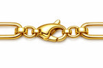 A close-up of a polished yellow gold chain link bracelet showing a lobster clasp on a solid white background.