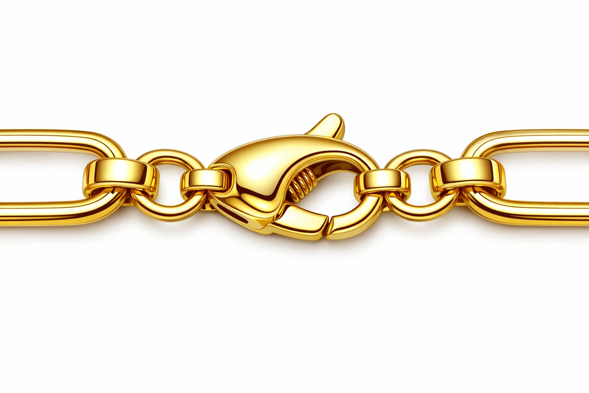 A close-up of a polished yellow gold chain link bracelet showing a lobster clasp on a solid white background.