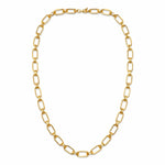 A gold paperclip chain necklace with elongated oval links, displayed on a clean white background.