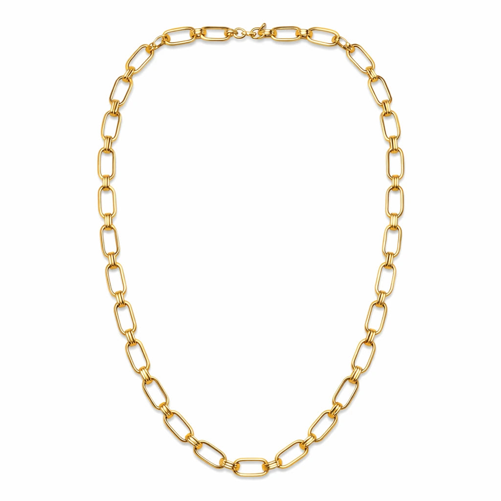 A gold paperclip chain necklace with elongated oval links, displayed on a clean white background.