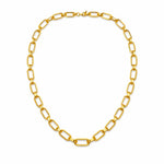 A gold chain necklace with elongated oval links, arranged in a circle on a plain white background.