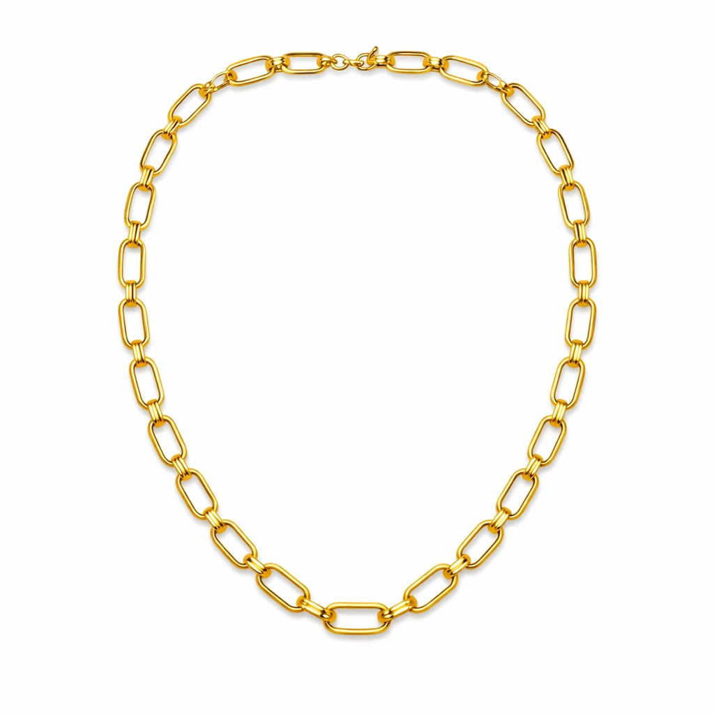A gold chain necklace with elongated oval links, arranged in a circle on a plain white background.