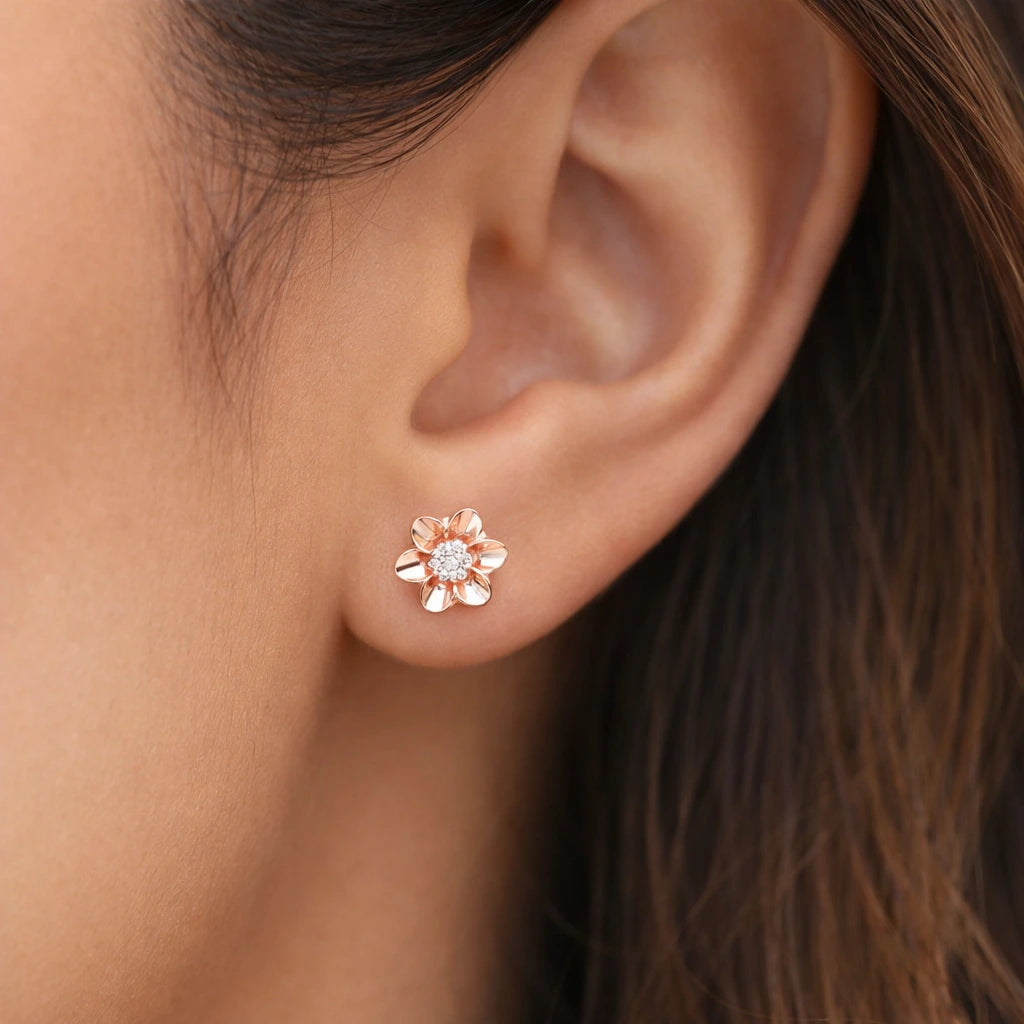 0.2 Carat Diamond Blossom Flower Stud Earrings 14K Rose Gold