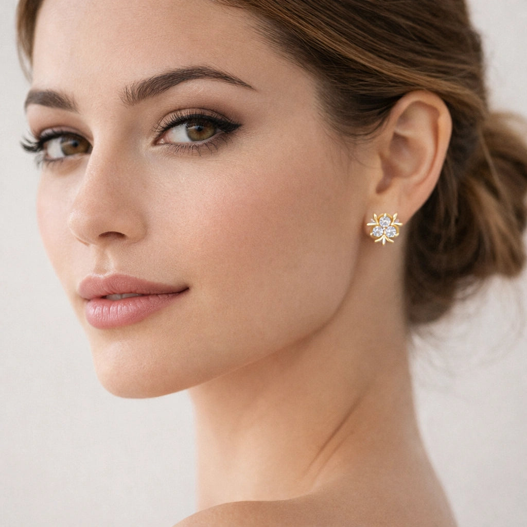 1 Carat Diamond Three-Stone Floral Stud Earrings 18K Yellow Gold