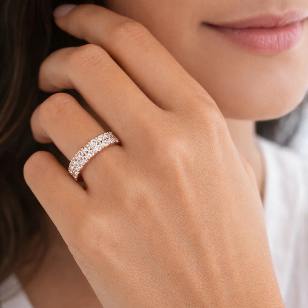 2.6 Carat Double Row Diamond Eternity Band Ring 18K Rose Gold