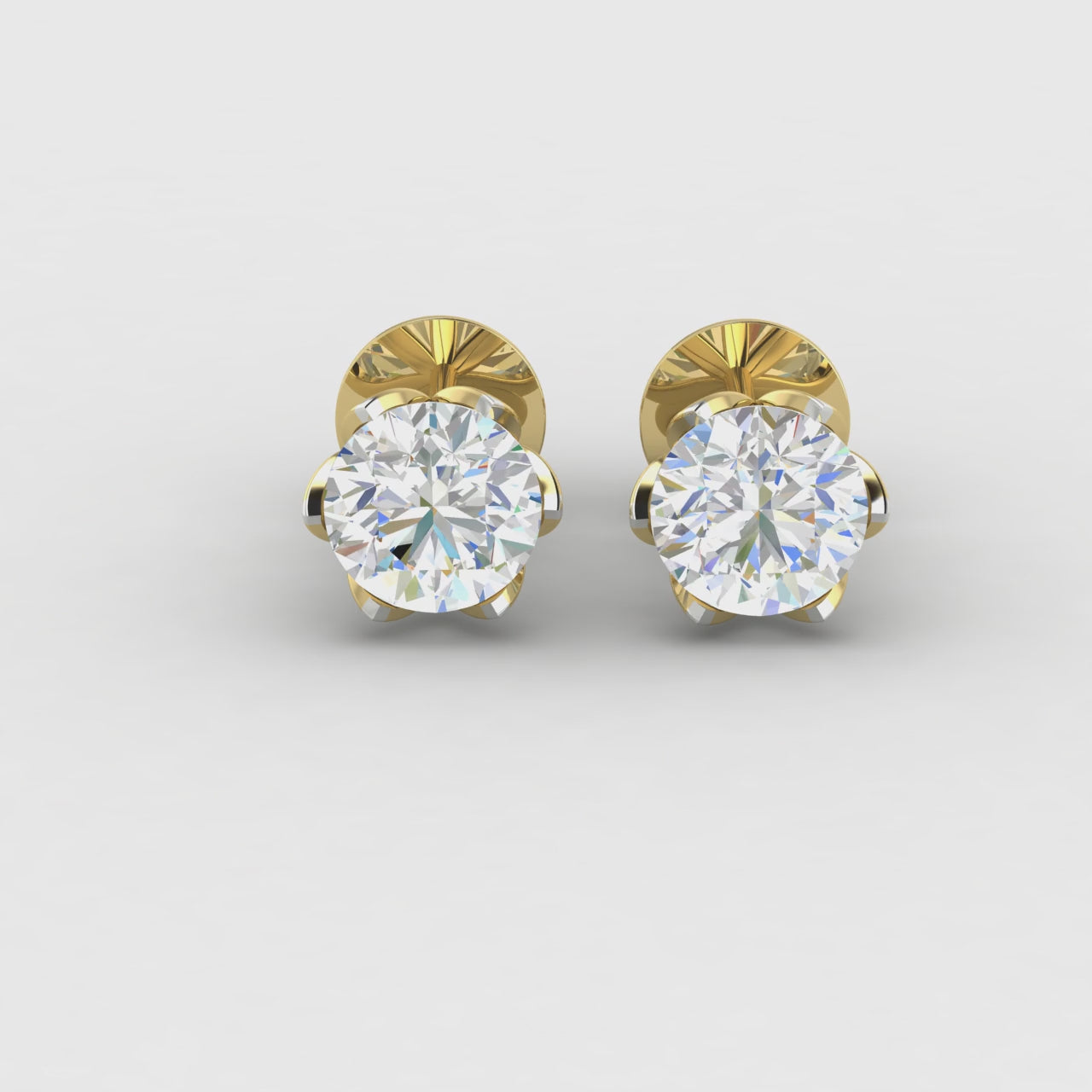 2 Carats Diamond Solitaire Stud Earrings 18K Yellow Gold