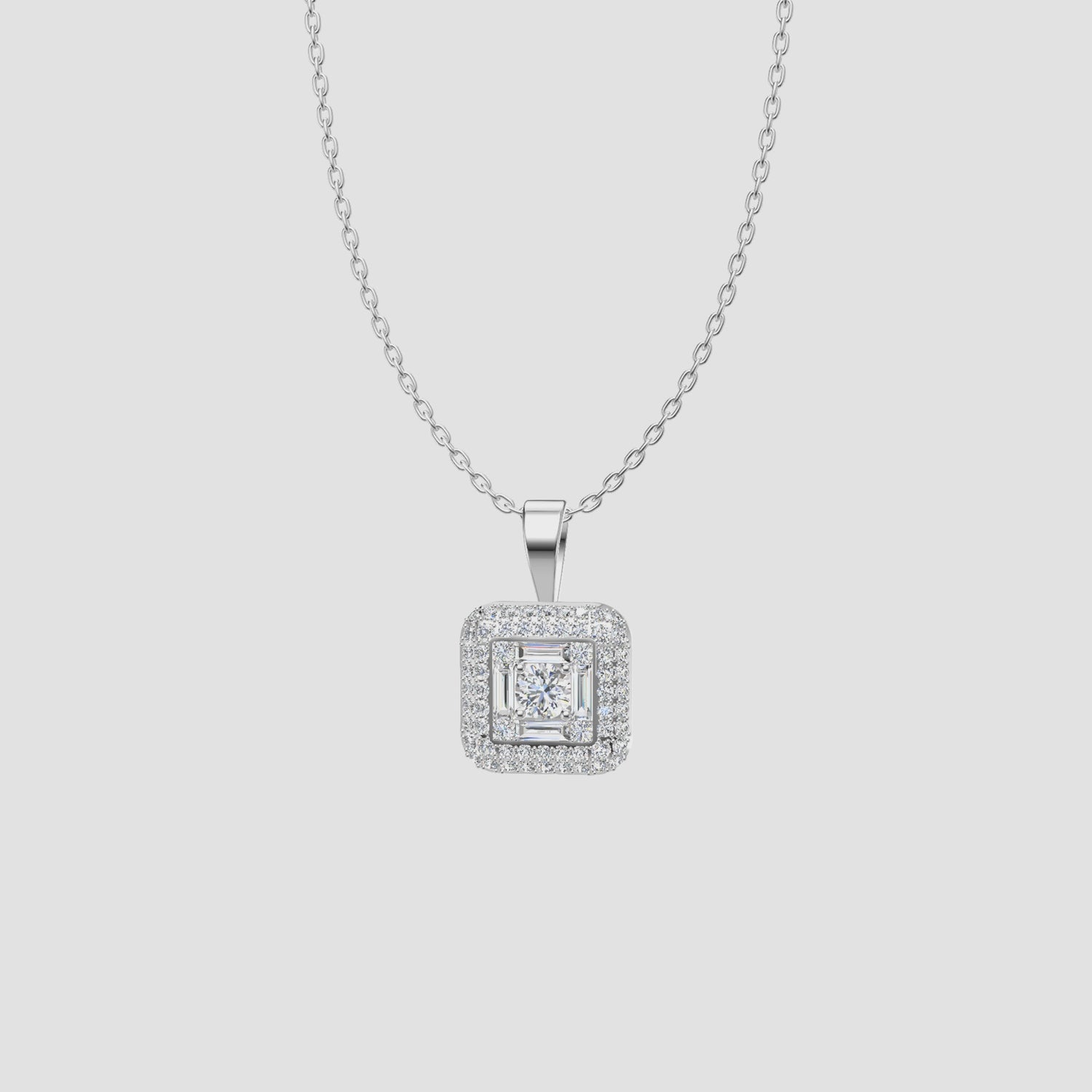 1 Carat Natural Diamond Halo Square Pendant Necklace 18K White Gold