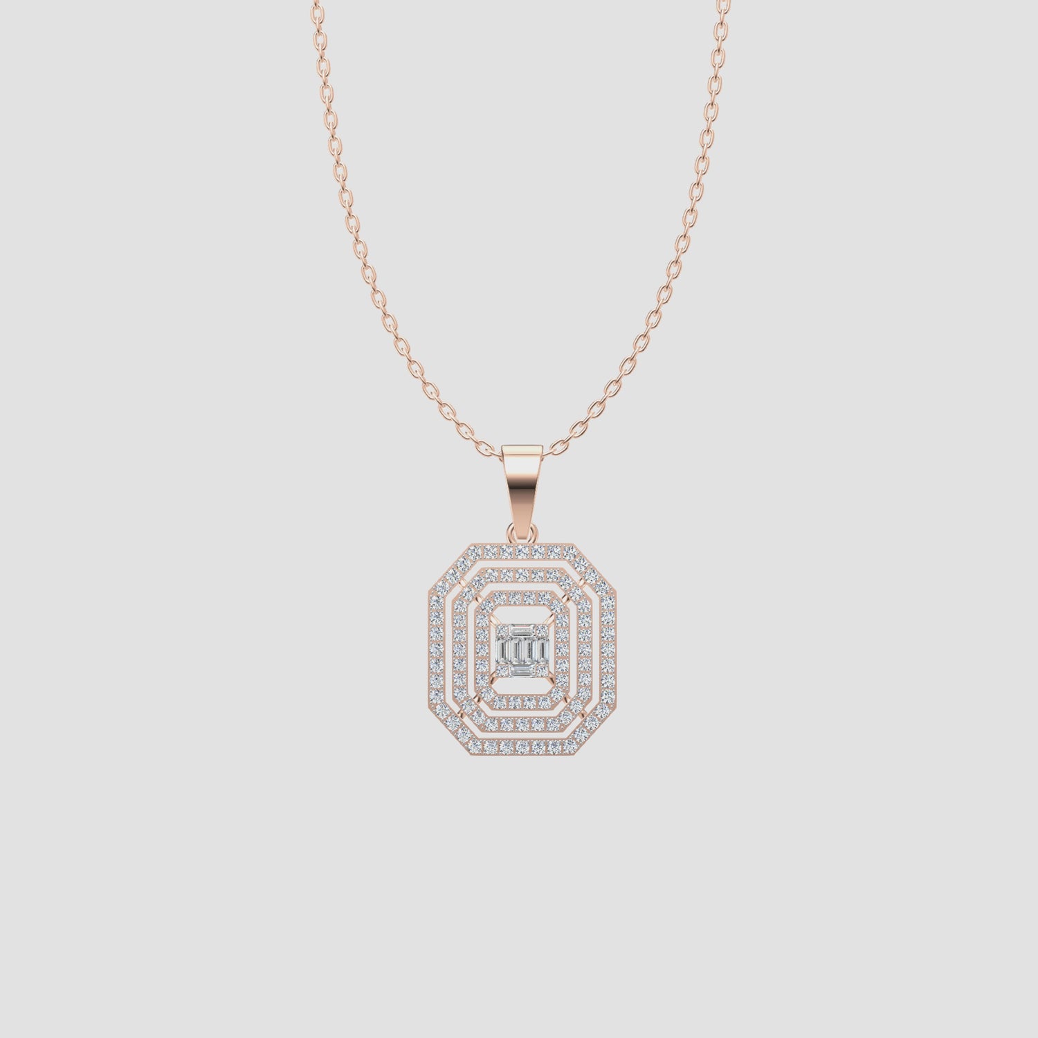 0.8 Carats Natural Diamond Emerald Halo Pendant Necklace 14K Rose Gold
