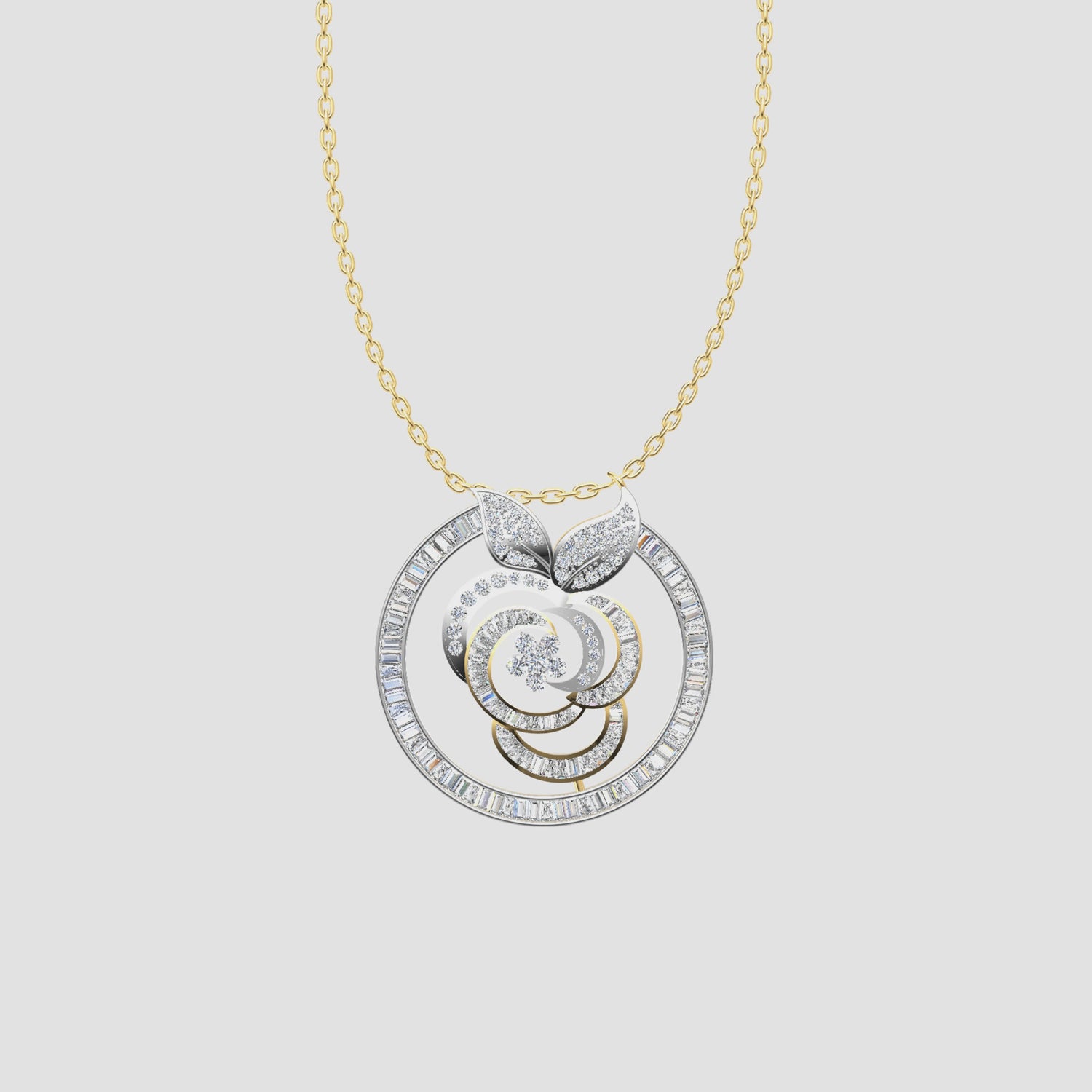 1.4 Carats Diamond Rose Swirl Circle Pendant 14K Yellow Gold