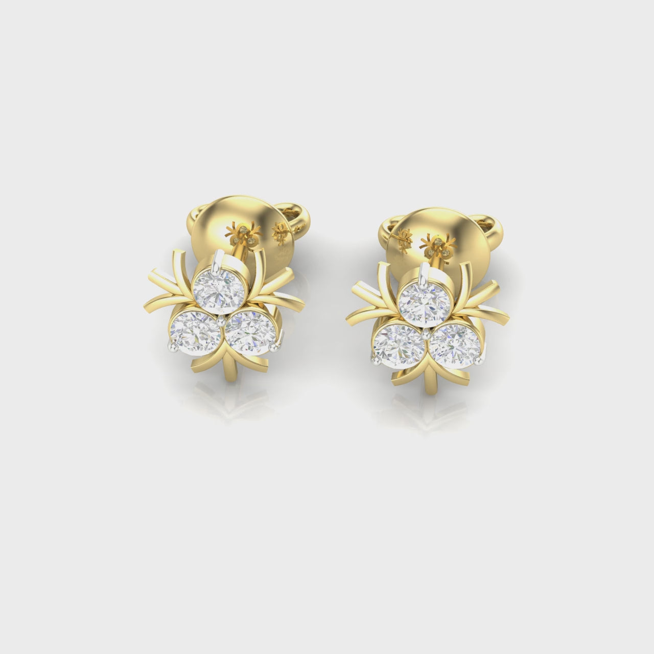 1 Carat Diamond Three-Stone Floral Stud Earrings 18K Yellow Gold