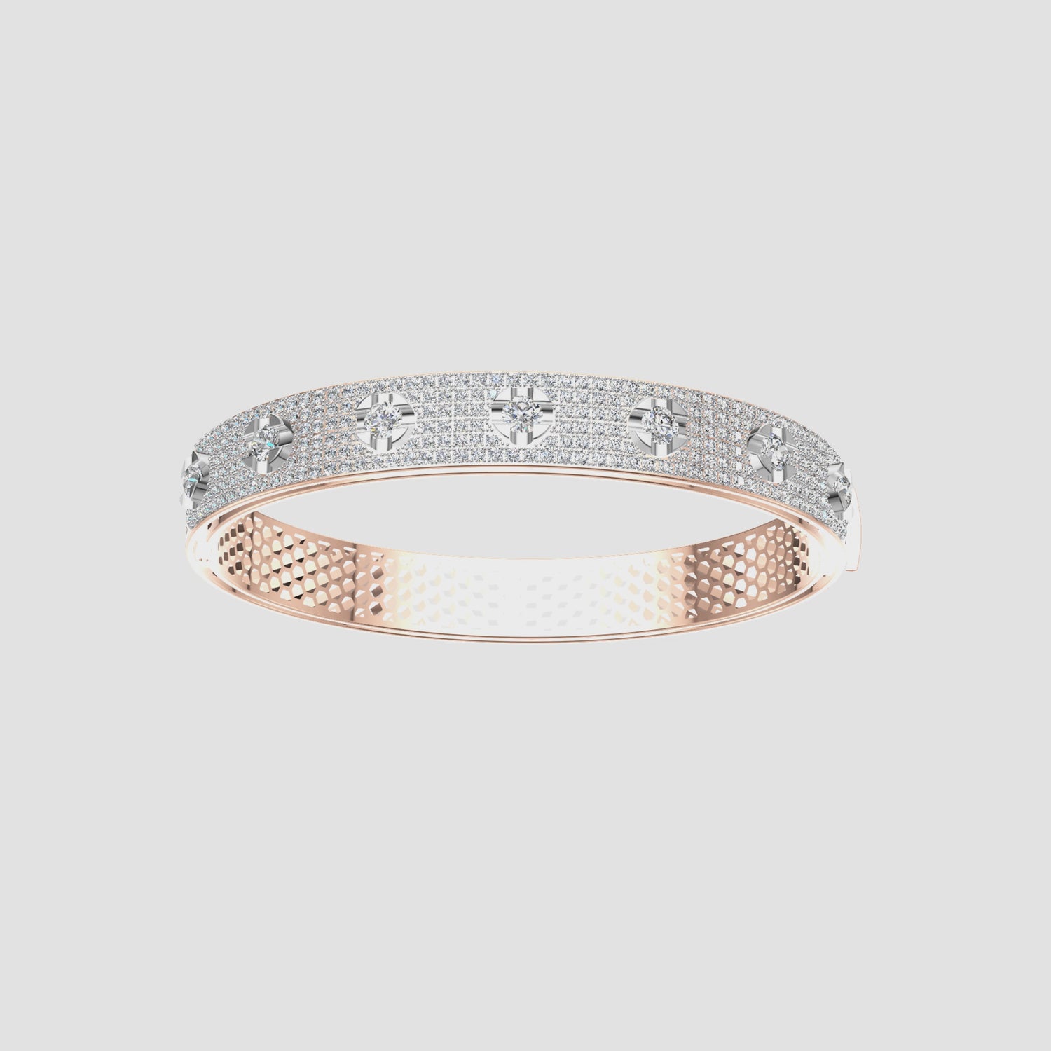 2 Carats Natural Diamond Wide Bangle Bracelet with Solitaire Stations 18K Rose Gold