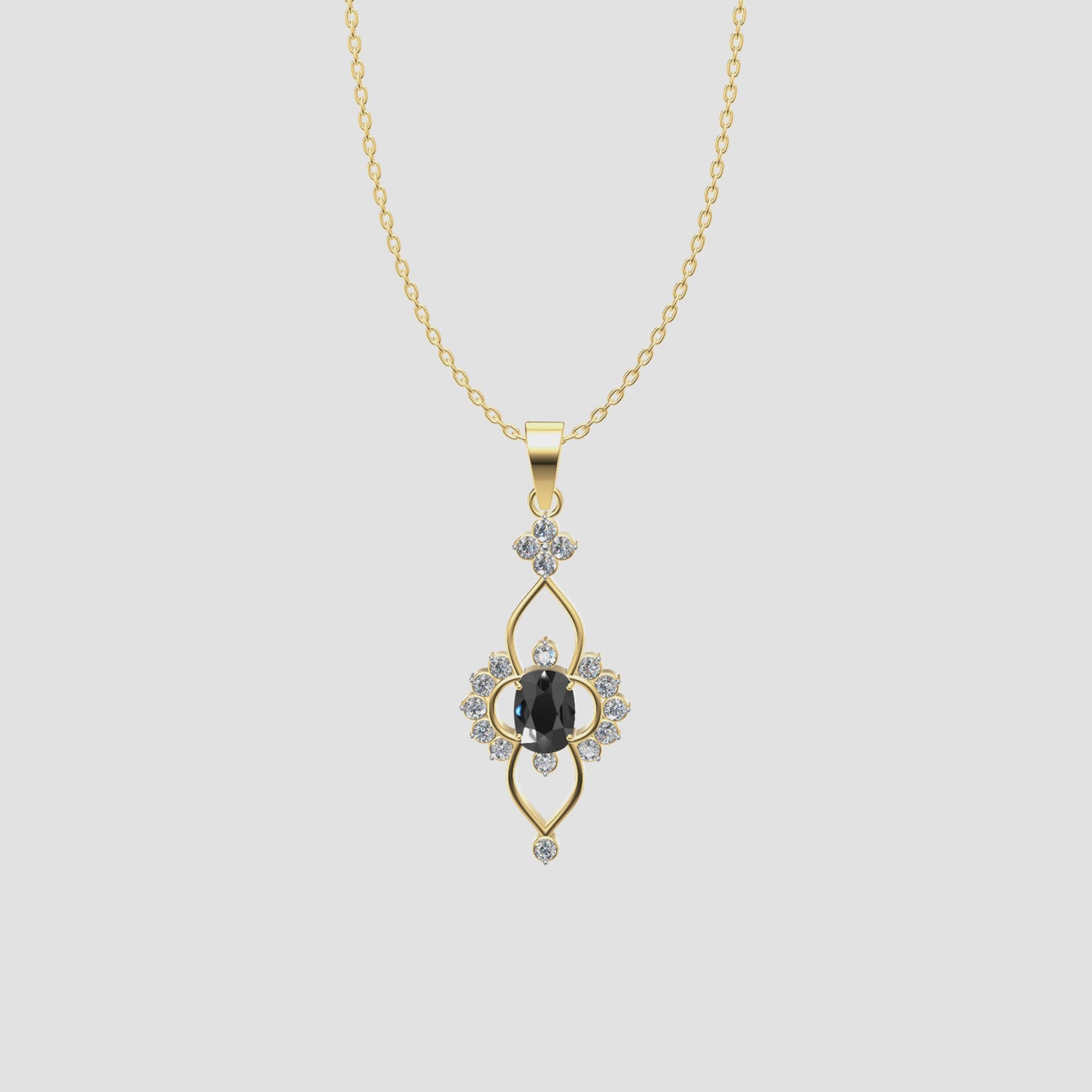 0.5 Carats Black Onyx & Diamond Floral Drop Pendant 18K Yellow Gold