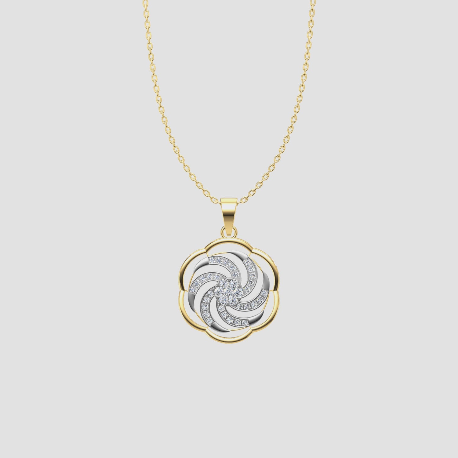 1 Carat Natural Diamond Pinwheel Floral Pendant Necklace 14K Yellow Gold