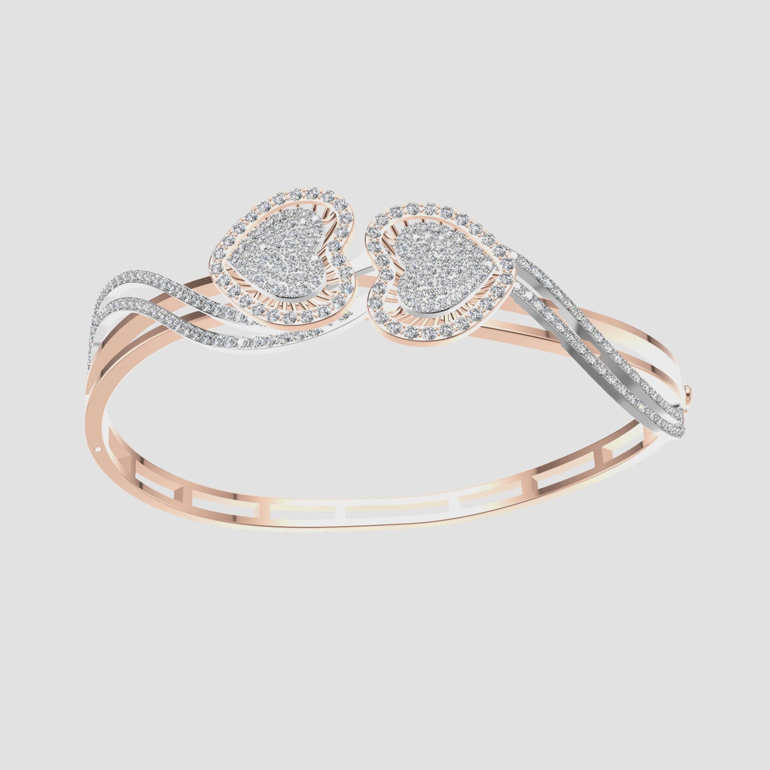 2 Carat Natural Diamond Double Heart Bangle Bracelet 14K Rose Gold